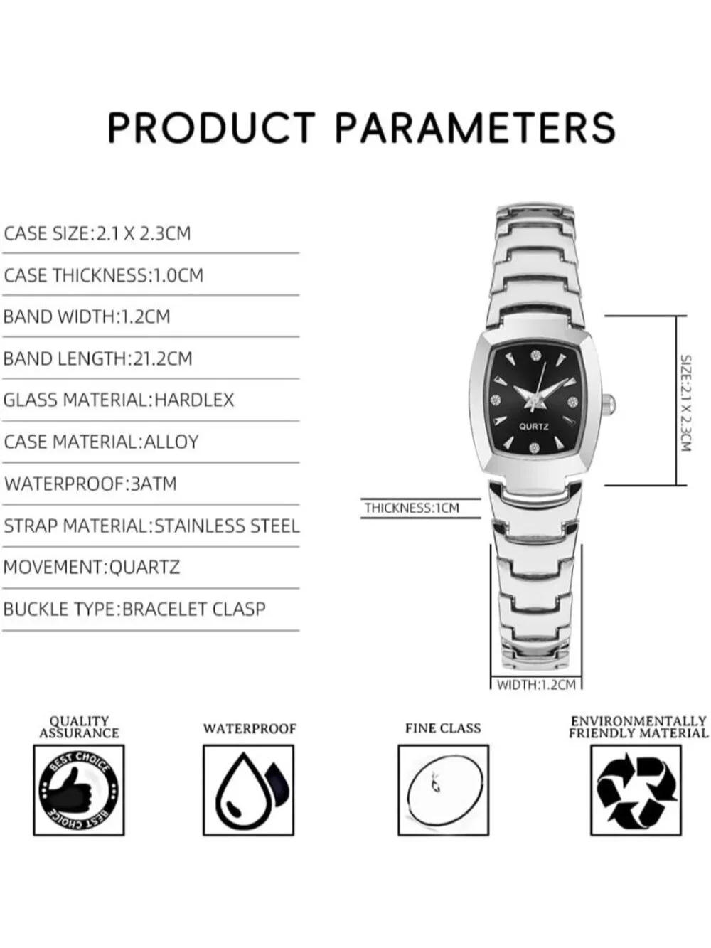 Women's Silver Black Analog Steel Dainty Rectangle Waterproof Square Wrist Watch